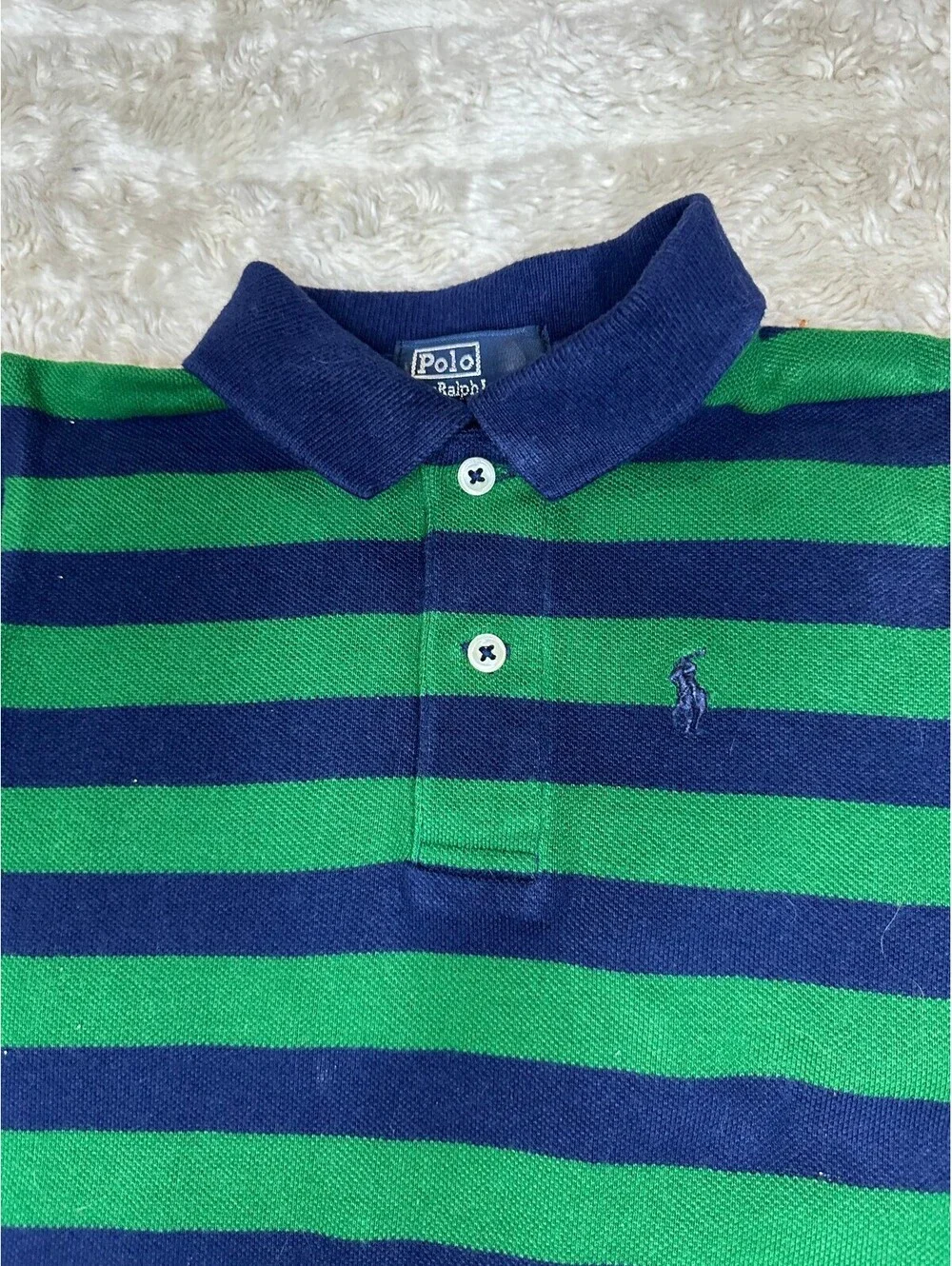 Polo by Ralph Lauren navy green striped rugby-style one-piece/romper 18M preppy